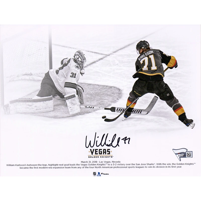 Photo dédicacée de William Karlsson, joueur des Golden Knights de Vegas (8 po x 10 po), prise entre les jambes.