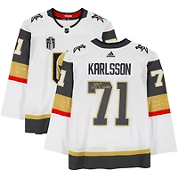 Maillot authentique adidas blanc autographié par William Karlsson Vegas Golden Knights avec écusson de la finale de la Coupe Stanley 2023 avec inscription « 2023 SC Champs »