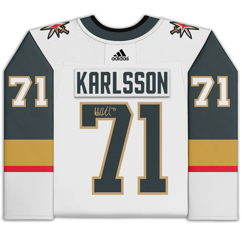 Maillot authentique Adidas blanc autographié par William Karlsson Vegas Golden Knights avec écusson de la finale de la Coupe Stanley 2023