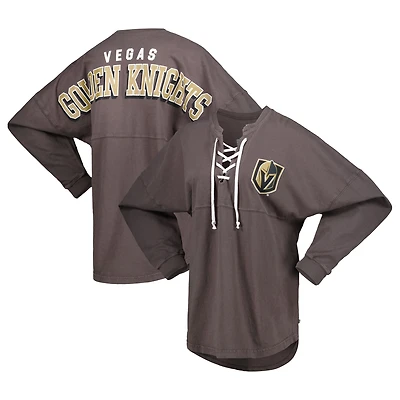 T-shirt en jersey à manches longues et col V lacets Charcoal Vegas Golden Knights Spirit de marque Fanatics pour femmes