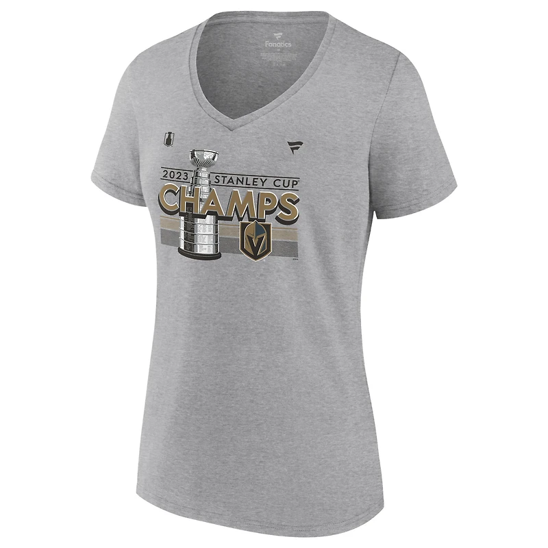 T-shirt à col en V Fanatics Heather Grey Vegas Golden Knights 2023 pour femmes, Champions de la Coupe Stanley, vestiaire