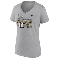 T-shirt à col en V Fanatics Heather Grey Vegas Golden Knights 2023 pour femmes, Champions de la Coupe Stanley, vestiaire