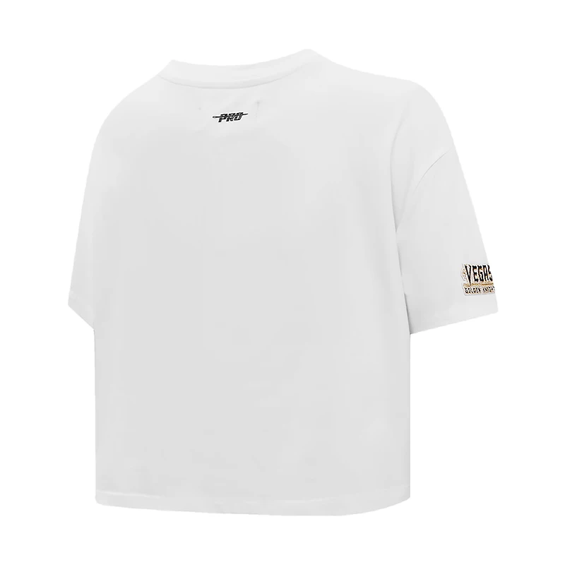 T-shirt court Pro Standard White Vegas Golden Knights Boxy Script Tail pour femmes