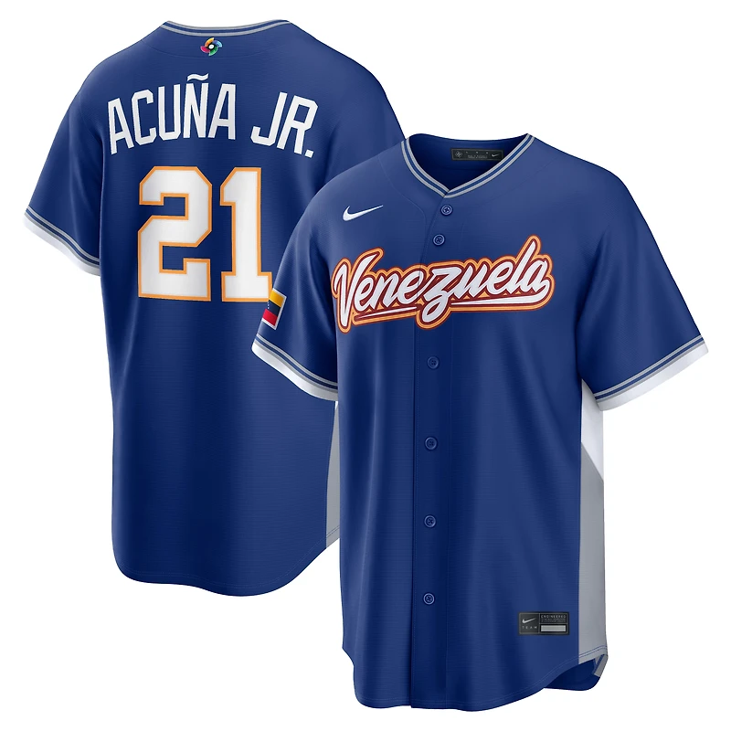 Maillot de Baseball Nike Ronald Acuña Jr. Royal Venezuela 2026 World Classic (version route) pour homme