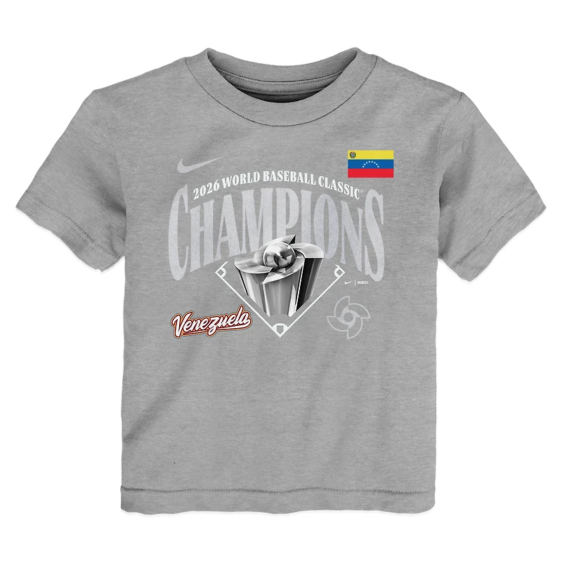 T-shirt Nike pour enfant en bas âge, gris chiné foncé, Venezuela, champions de la Classique mondiale baseball 2026, vestiaire des vainqueurs