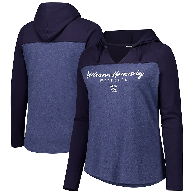 Women's Heather Navy Villanova Wildcats Knockout Color Block Hooded V-Neck Long Sleeve T-Shirt