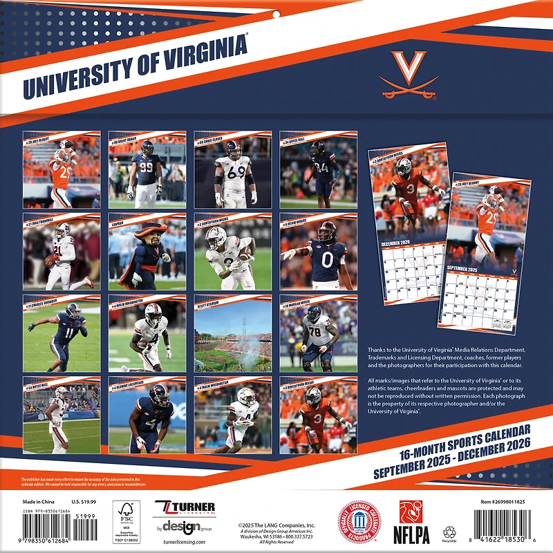 Calendrier mural 2026 des Virginia Cavaliers (12 x 12 po)