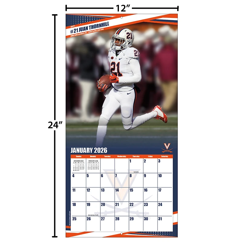 Calendrier mural 2026 des Virginia Cavaliers (12 x 12 po)