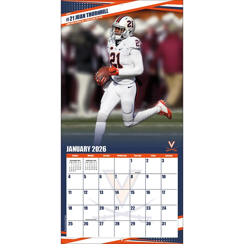 Calendrier mural 2026 des Virginia Cavaliers (12 x 12 po)