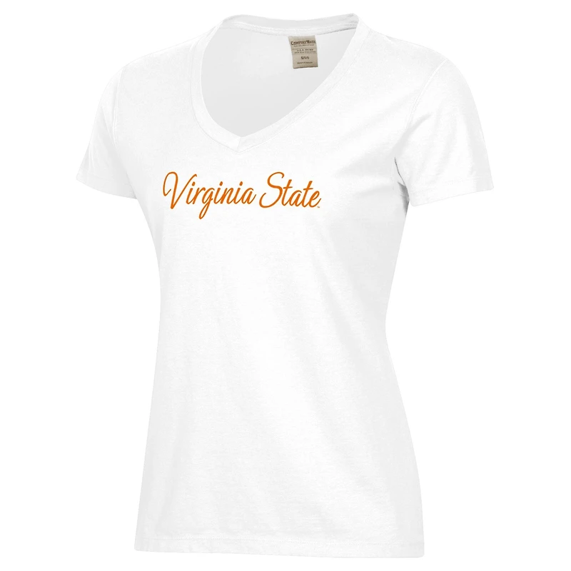 T-shirt col V blanc délavé pour femme avec logo script des Virginia State Trojans