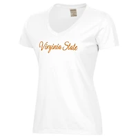 T-shirt col V blanc délavé pour femme avec logo script des Virginia State Trojans