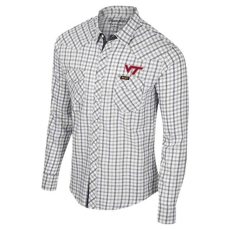 Men's Colosseum x Wrangler White Virginia Tech Hokies Plaid Window Pane Long Sleeve Full-Snap Shirt
