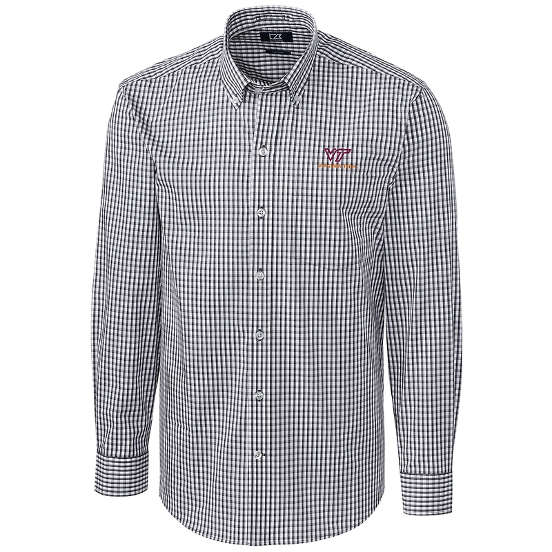 Chemise boutonnée à manches longues et carreaux extensibles pour homme, couleur anthracite, style Virginia Tech Hokies, de grande taille, Cutter & Buck
