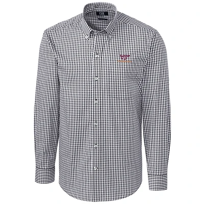 Chemise boutonnée à manches longues et carreaux extensibles pour homme, couleur anthracite, style Virginia Tech Hokies, de grande taille, Cutter & Buck