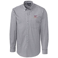 Chemise boutonnée à manches longues et carreaux extensibles pour homme, couleur anthracite, style Virginia Tech Hokies, de grande taille, Cutter & Buck