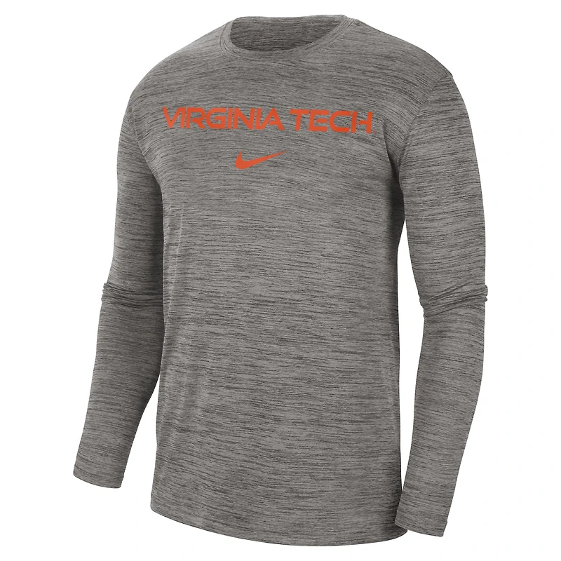 T-shirt à manches longues Nike Virginia Tech Hokies Team Velocity Performance pour homme, gris chiné