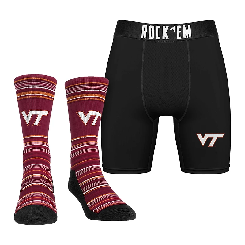 Pack combiné de chaussettes et caleçons boxeurs Rock Em Socks pour hommes Virginia Tech Hokies Primary Crew