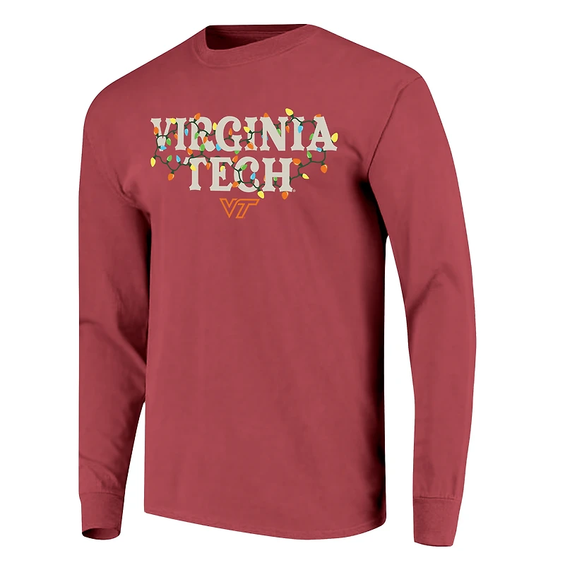 T-shirt unisexe à manches longues Virginia Tech Hokies marron avec guirlande lumineuse, couleur confort.
