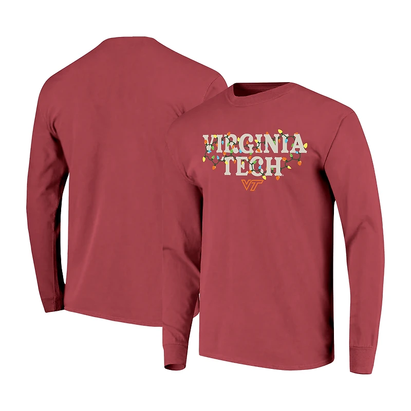T-shirt unisexe à manches longues Virginia Tech Hokies marron avec guirlande lumineuse, couleur confort.