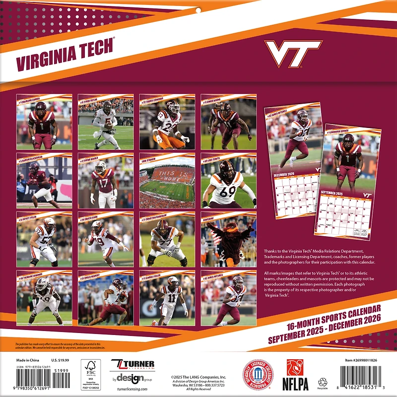 Virginia Tech Hokies 12” x 12” 2026 Team Wall Calendar
