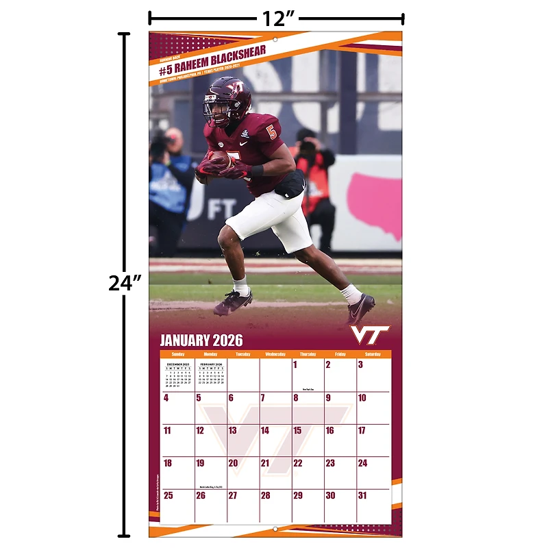 Virginia Tech Hokies 12” x 12” 2026 Team Wall Calendar
