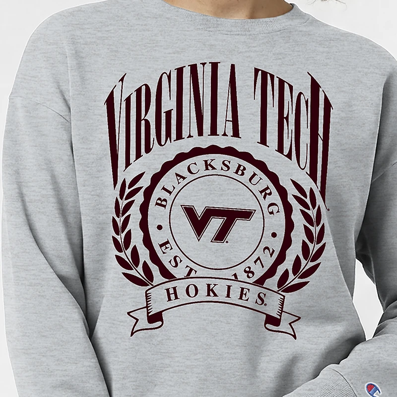 Women's Champion  Heather Gray Virginia Tech Hokies Academic Crest Powerblend Crewneck Sweatshirt