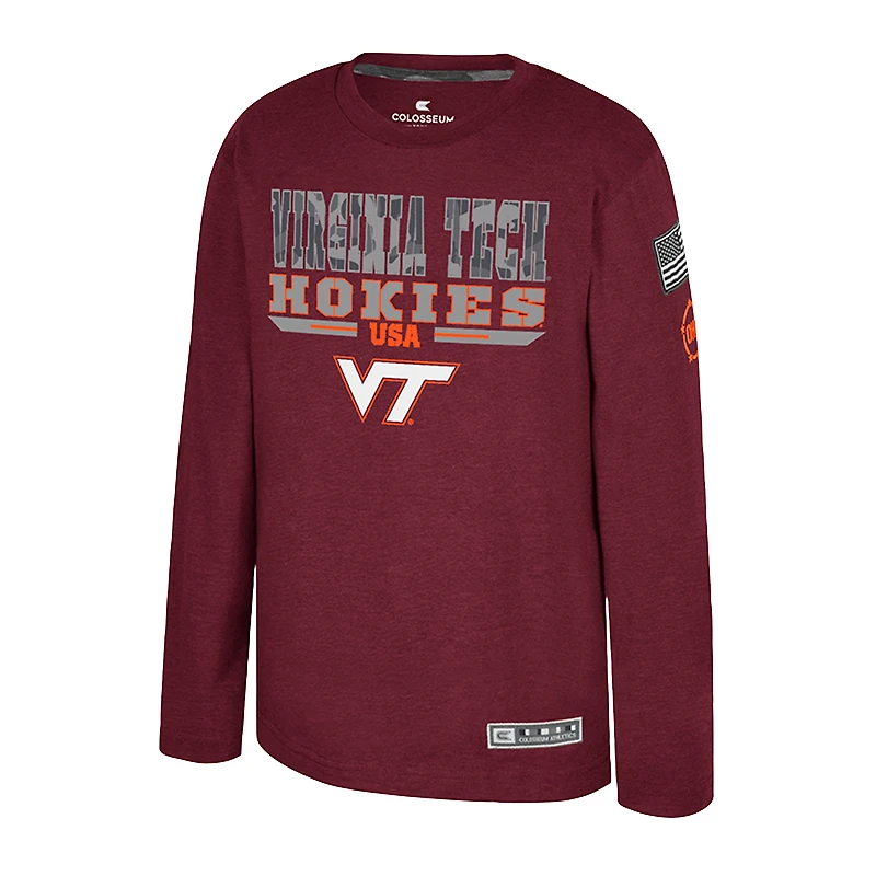 T-shirt à manches longues Oorah de reconnaissance militaire OHT des Hokies Virginia Tech Heather Maroon pour les jeunes