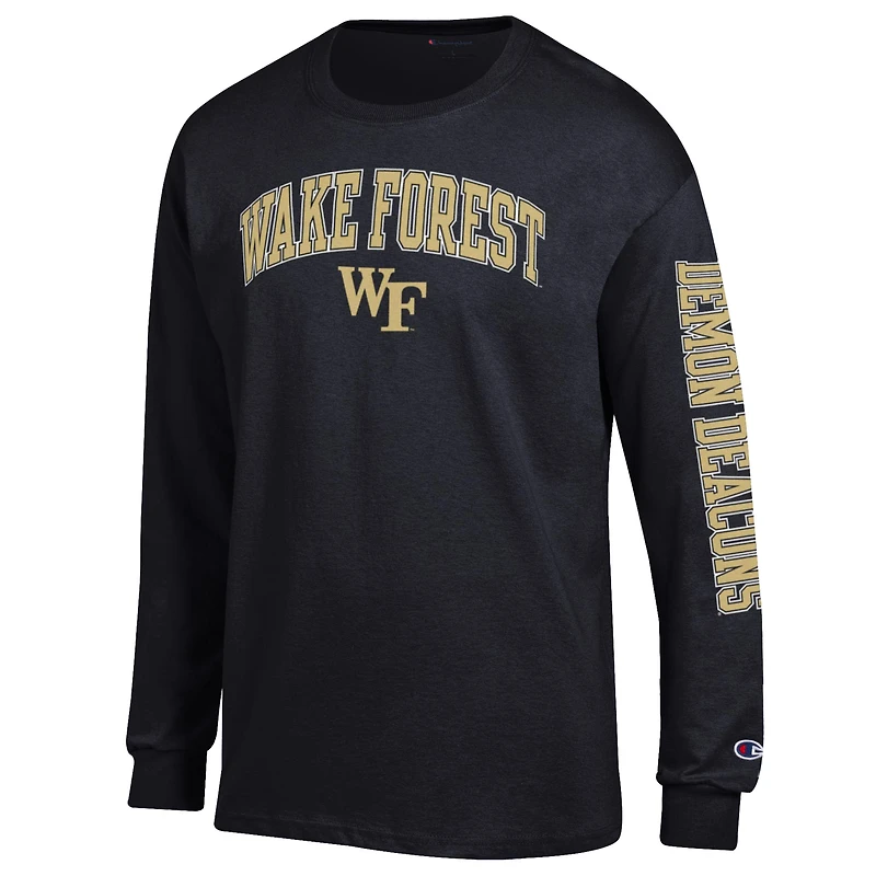 T-shirt à manches longues 2-Hit pour homme, Champion Black Wake Forest Demon Deacons, logo Arch Over