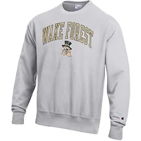 Men's Champion Gray Wake Forest Demon Deacons Distressed Arch Over Logo Reverse Weave Crew Neck Sweatshirt