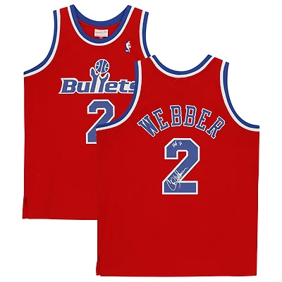 Maillot réplique Mitchell & Ness Hardwood Classics 1994-95 autographié par Chris Webber des Red Washington Bullets, avec inscription « HOF 21 ».