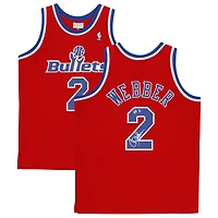 Maillot réplique Mitchell & Ness Hardwood Classics 1994-95 autographié par Chris Webber des Red Washington Bullets, avec inscription « HOF 21 ».