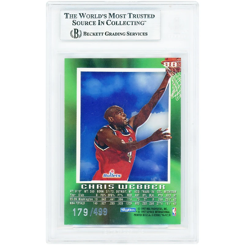 Carte Chris Webber Washington Bullets 1996-97 Skybox E-X2000 Credentials n° 80 n° 179/499 authentifiée BGS 7.5 - Sous-notes 7, 9, 9, 8