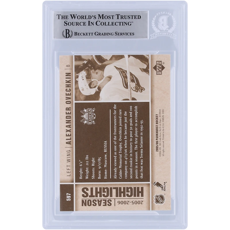 Alexander Ovechkin Washington Capitals Autographed 2005-06 Upper Deck Parkhurst Season Highlights #597 Beckett Fanatics Witnessed Authenticated Rookie Card 
