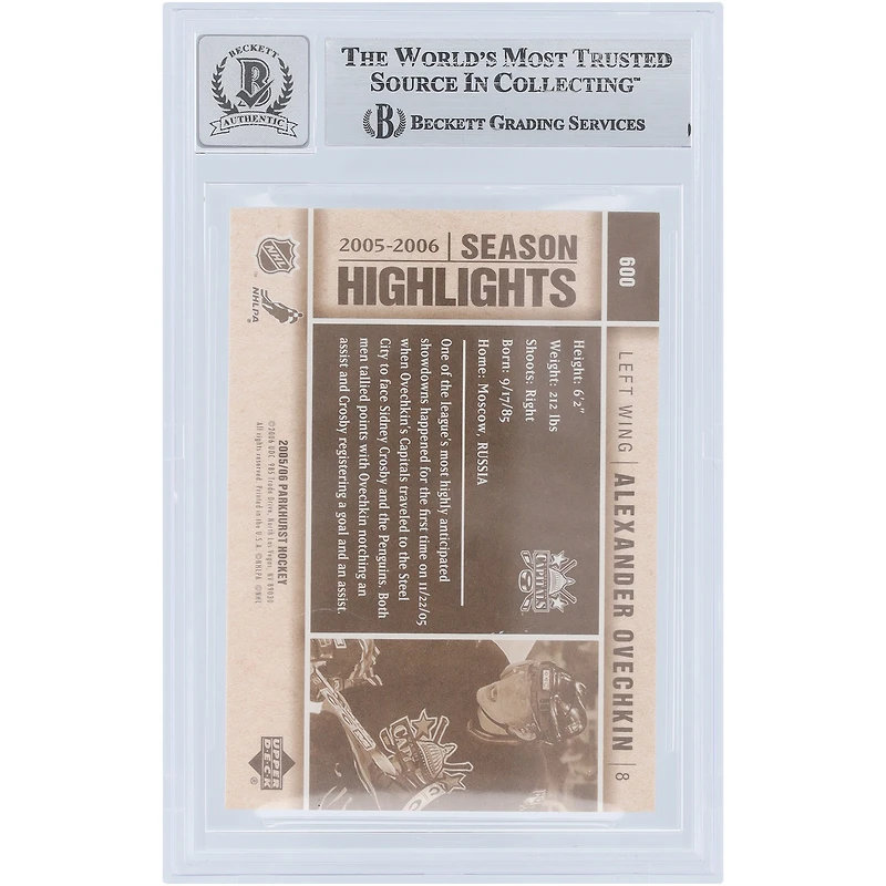 V106832 Casquettes Alexander Ovechkin Washington Capitals Autographiée 2005-06 Upper Deck Parkhurst Faits saillants de la saison #600 Beckett Fanatics Witnessed Authentifié 9/10 Carte recrue Alexander Ovechkin AUT UPD CARTES À COLLECTIONNER 45831 AUTTRC CA01HK4995 #21