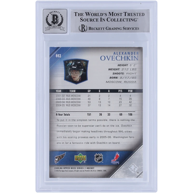 Carte de recrue numéro 10 autographiée par Alexander Ovechkin des Capitals de Washington, Upper Deck Series 2 2005-06, Young Guns #443, Beckett Fanatics, avec l'inscription « 2006 Calder »