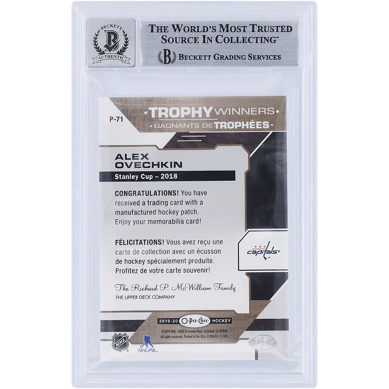 Alexander Ovechkin Washington Capitals Autographié 2019-20 O-Pee-Chee Trophy Winners Patch Relic #P-71 Beckett Fanatics Witnessed Authenticated 10 Card