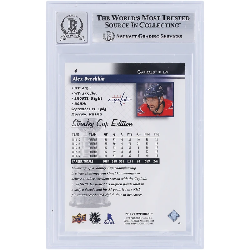 Alexander Ovechkin Washington Capitals Autographed 2019-20 Upper Deck MVP Stanley Cup Edition 20th Anniversary Silver Script #4 #/25 Beckett Fanatics Witnessed Authenticated 9/10 Card