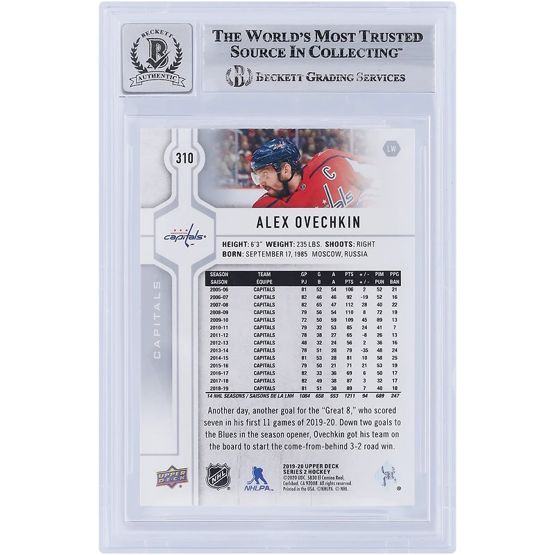 V106832 Casquettes Alexander Ovechkin Washington Capitals Autographiée 2019-20 Upper Deck #310 Beckett Fanatics Witnessed Authentifié 9/10 Carte Alexander Ovechkin AUT UPD CARTES À COLLECTIONNER 45831 AUTTRC CA01HK5121 #116