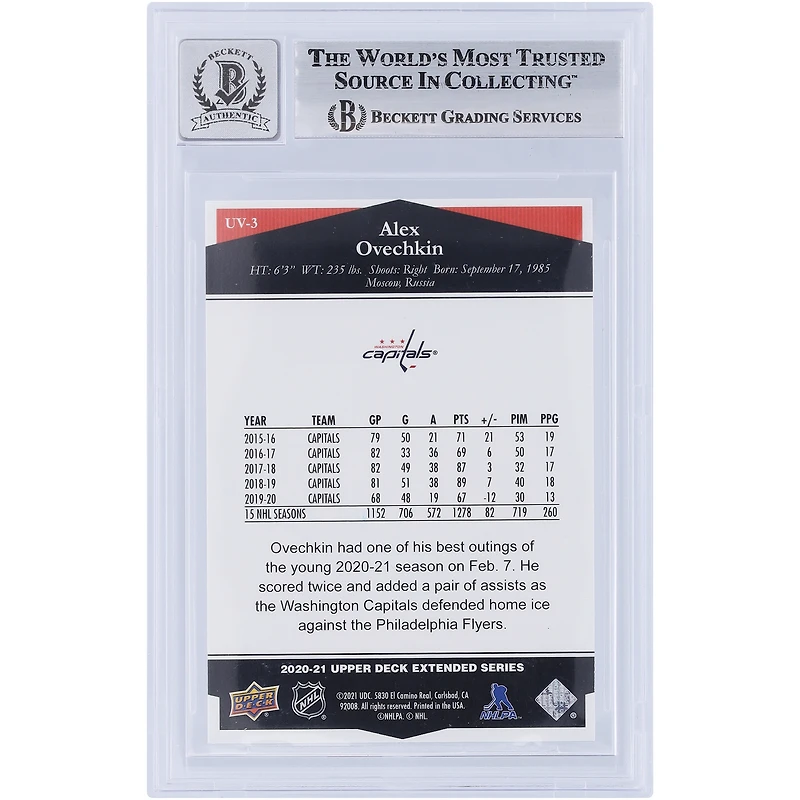Alexander Ovechkin Washington Capitals Autographed 2020-21 Upper Deck Extended Series Ultimate Victory #UV-3 Beckett Fanatics Witnessed Authenticated / Card