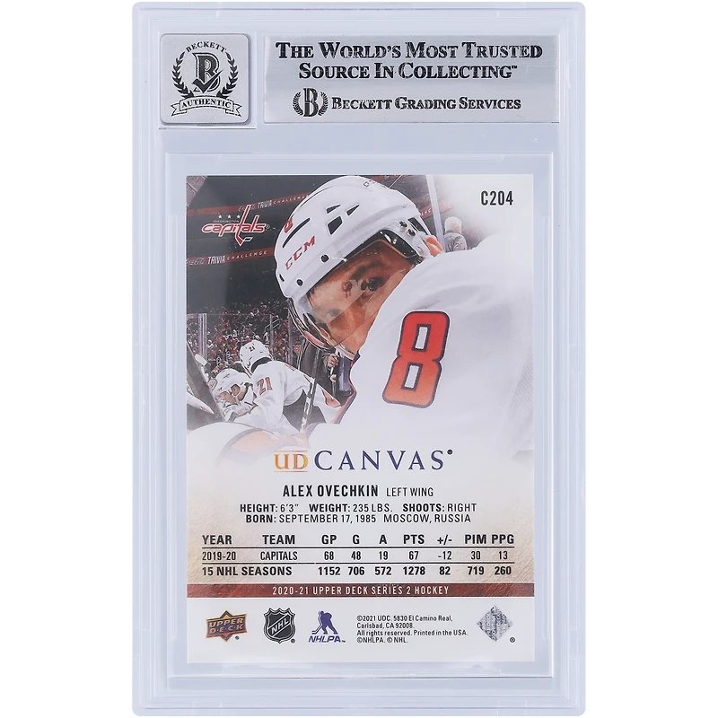 V106832 Casquettes Alexander Ovechkin Washington Capitals Autographiée 2020-21 Upper Deck UD Canvas #C204 Beckett Fanatics Witnessed Authenticated 9/10 Card Alexander Ovechkin AUT UPD TRADING CARDS 45831 AUTTRC CA01HK5130 #123