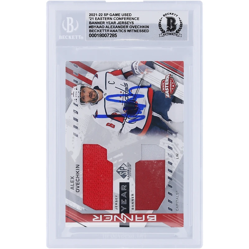 Alexander Ovechkin Washington Capitals Autographié 2021-22 Upper Deck SP Games Utilisé '21 Bannière de la Conférence Est Année Maillot Rouge Reliques de Bannière Rouge/Grise #BYA-AO Beckett Fanatics Témoin Authentifié 10 Carte