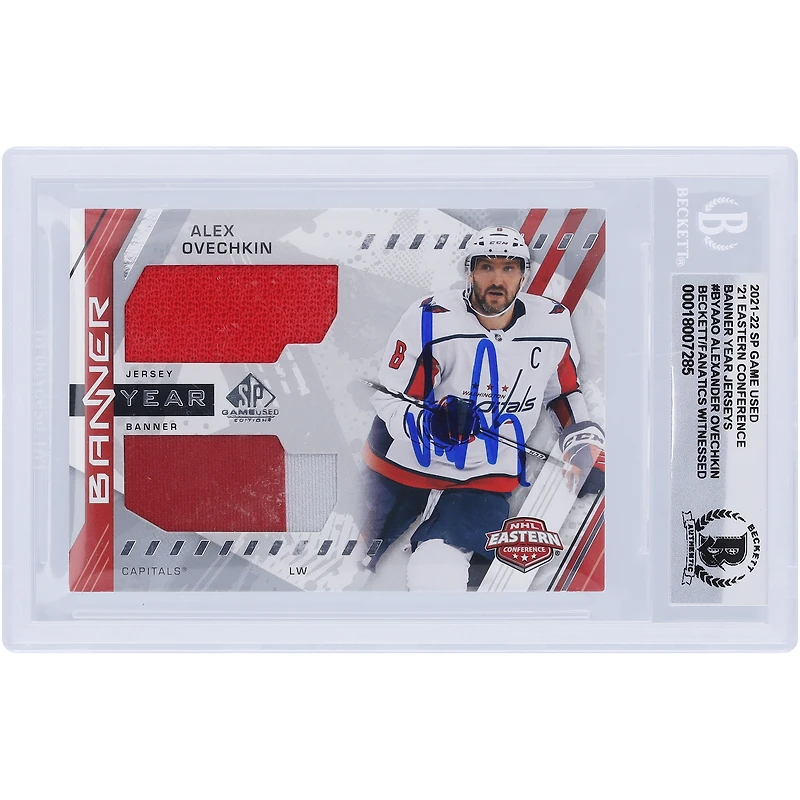 Alexander Ovechkin Washington Capitals Autographié 2021-22 Upper Deck SP Games Utilisé '21 Bannière de la Conférence Est Année Maillot Rouge Reliques de Bannière Rouge/Grise #BYA-AO Beckett Fanatics Témoin Authentifié 10 Carte