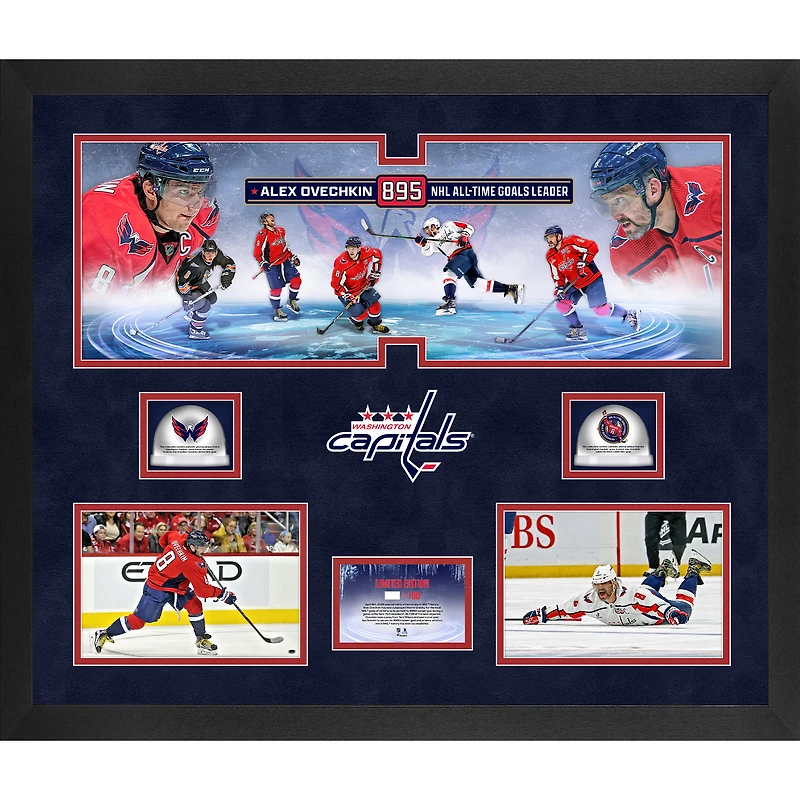 Collage de trois photographies encadrées de 20" x 24" des Capitals de Washington, 895e but, avec deux glaces utilisées lors d'un match des Capitals pendant la saison des 895e et 802e buts - Édition limitée à 100