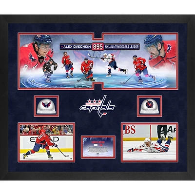 Collage de trois photographies encadrées de 20" x 24" des Capitals de Washington, 895e but, avec deux glaces utilisées lors d'un match des Capitals pendant la saison des 895e et 802e buts - Édition limitée à 100