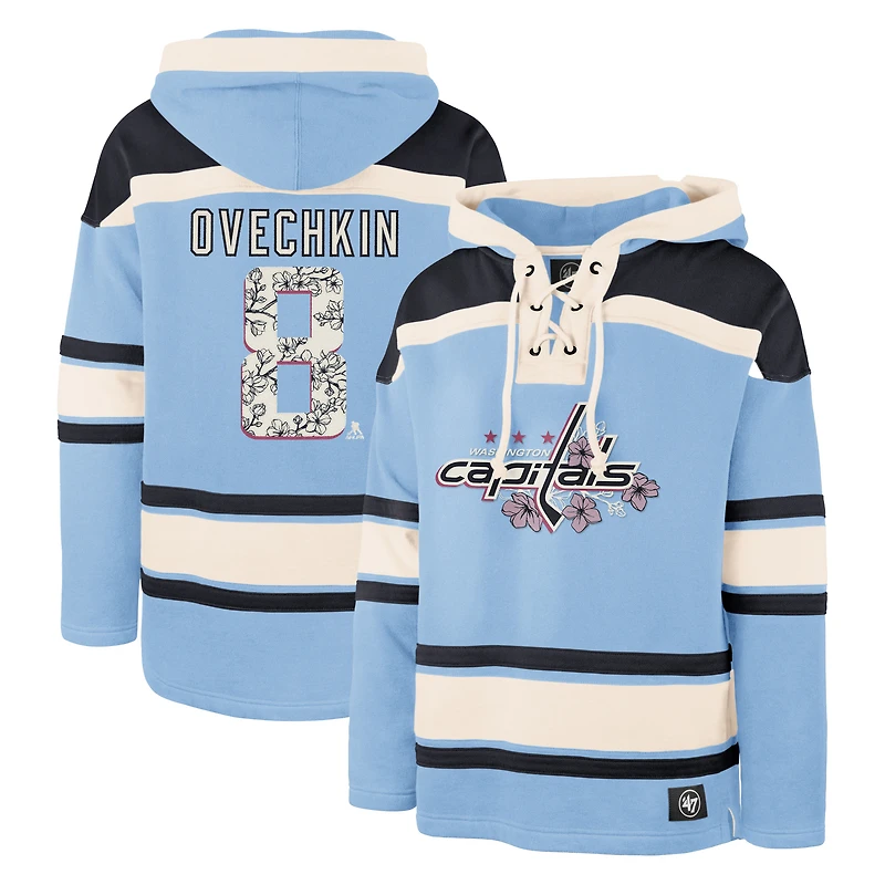 Men's '47 Alexander Ovechkin Light Blue Washington Capitals Cherry Blossom Player Name & Number Lacer Pullover Hoodie