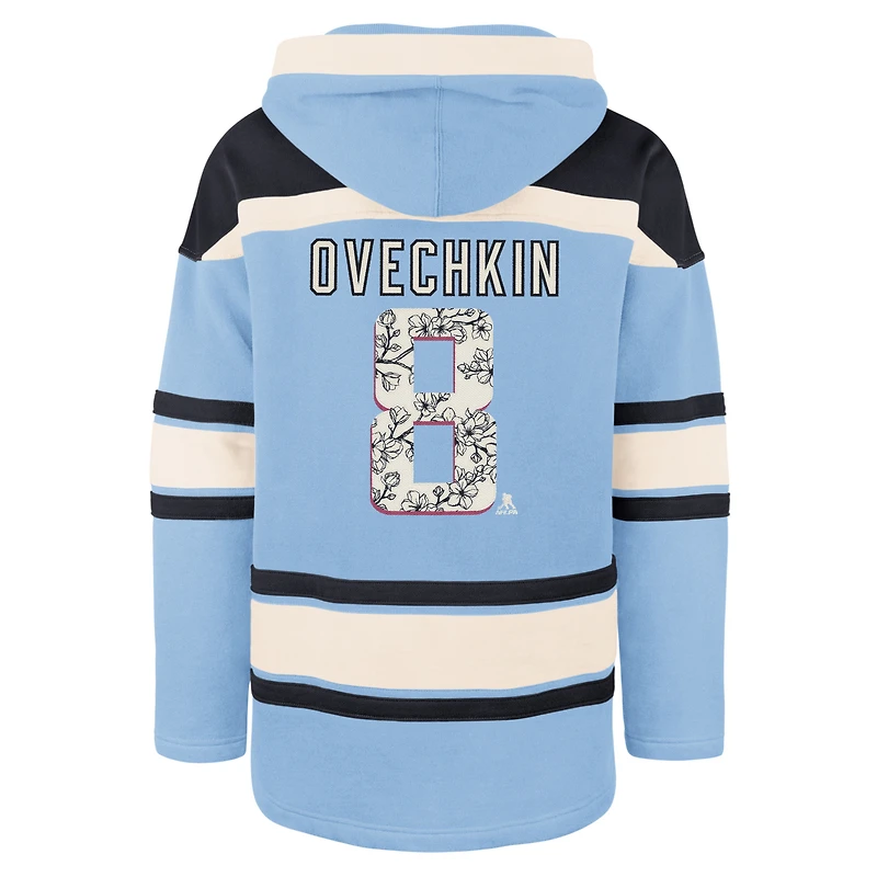 Sweat à capuche bleu clair '47 Alexander Ovechkin des Washington Capitals Cherry Blossom pour homme avec nom et numéro de joueur Lacer