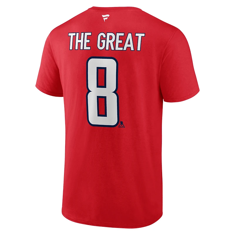 T-shirt rouge pour homme Fanatics Alexander Ovechkin, meilleur buteur de tous les temps la LNH des Capitals Washington, avec nom et numéro The Great 8