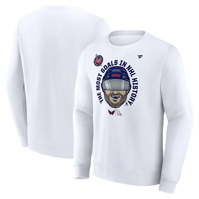 Men's Fanatics Alexander Ovechkin White Washington Capitals NHL All-Time Leading Goal Scorer GR8 Caricature Fleece Pullover Sweatshirt