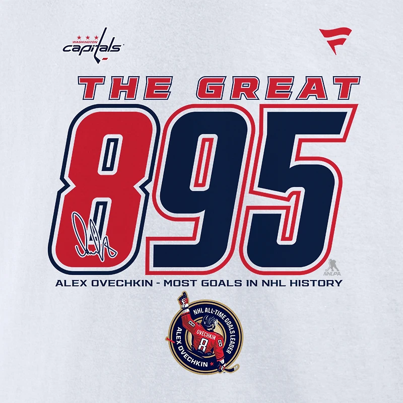 Men's Fanatics Alexander Ovechkin White Washington Capitals NHL All-Time Leading Goal Scorer The Great 895 Fleece Pullover Sweatshirt