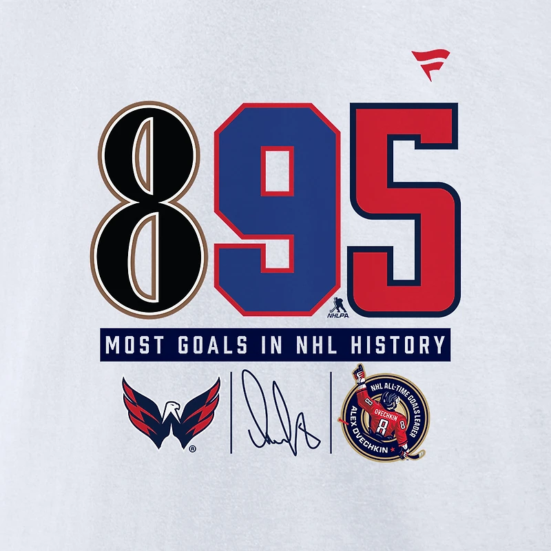 T-shirt Fanatics pour hommes Alexander Ovechkin White, meilleur buteur de tous les temps la LNH des Capitals Washington, l'histoire du 895